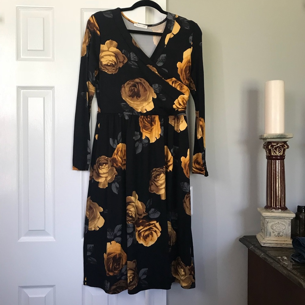 Roolee Boutique Black/Mustard Floral Dress